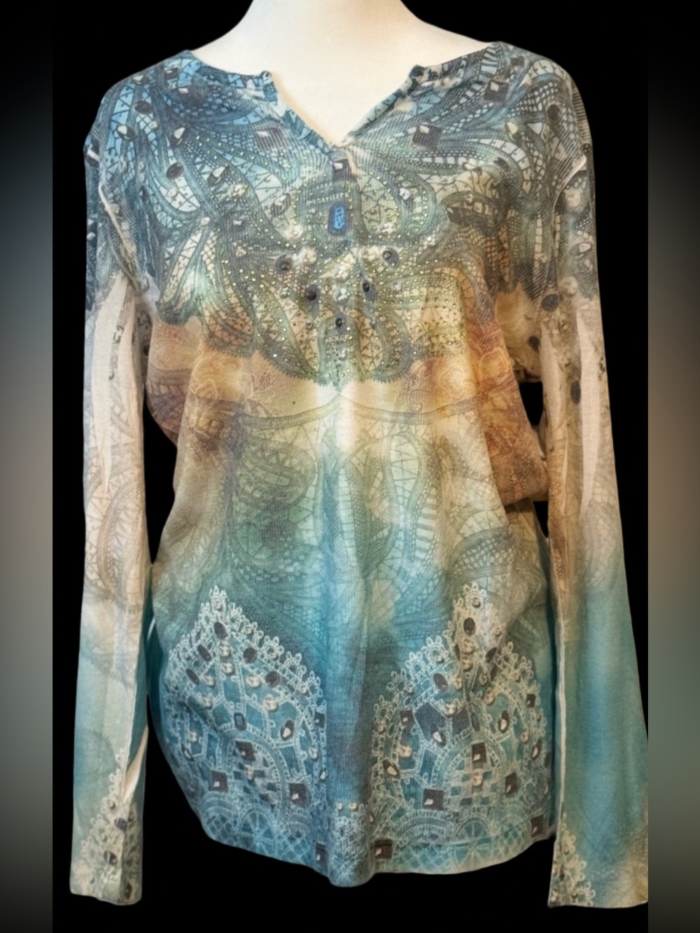 Y2K Forest Fairy Woman’s Rhinestone V-Neck long sleeve top Size XL Boho Hippie